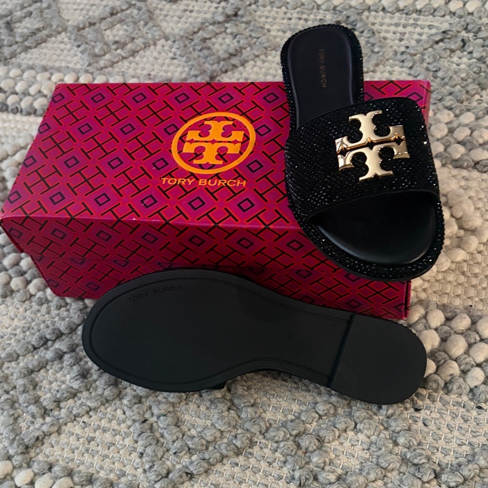 Tory Burch Black Slides with Gold Logo